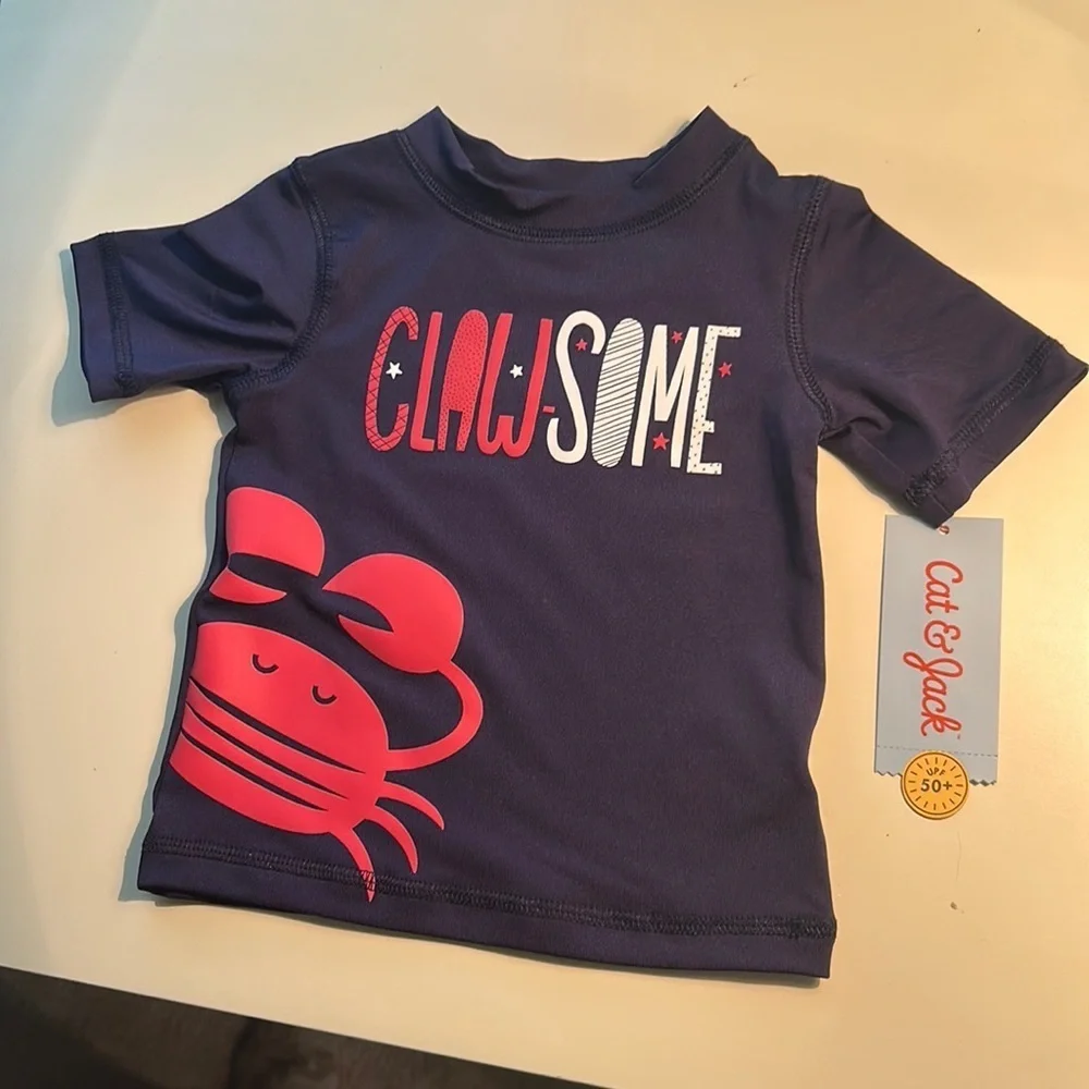 Cat & Jack RashGuard Blue Short Sleeve Swim Shirt Clawsome Crab UPF 50+ Boys 9M